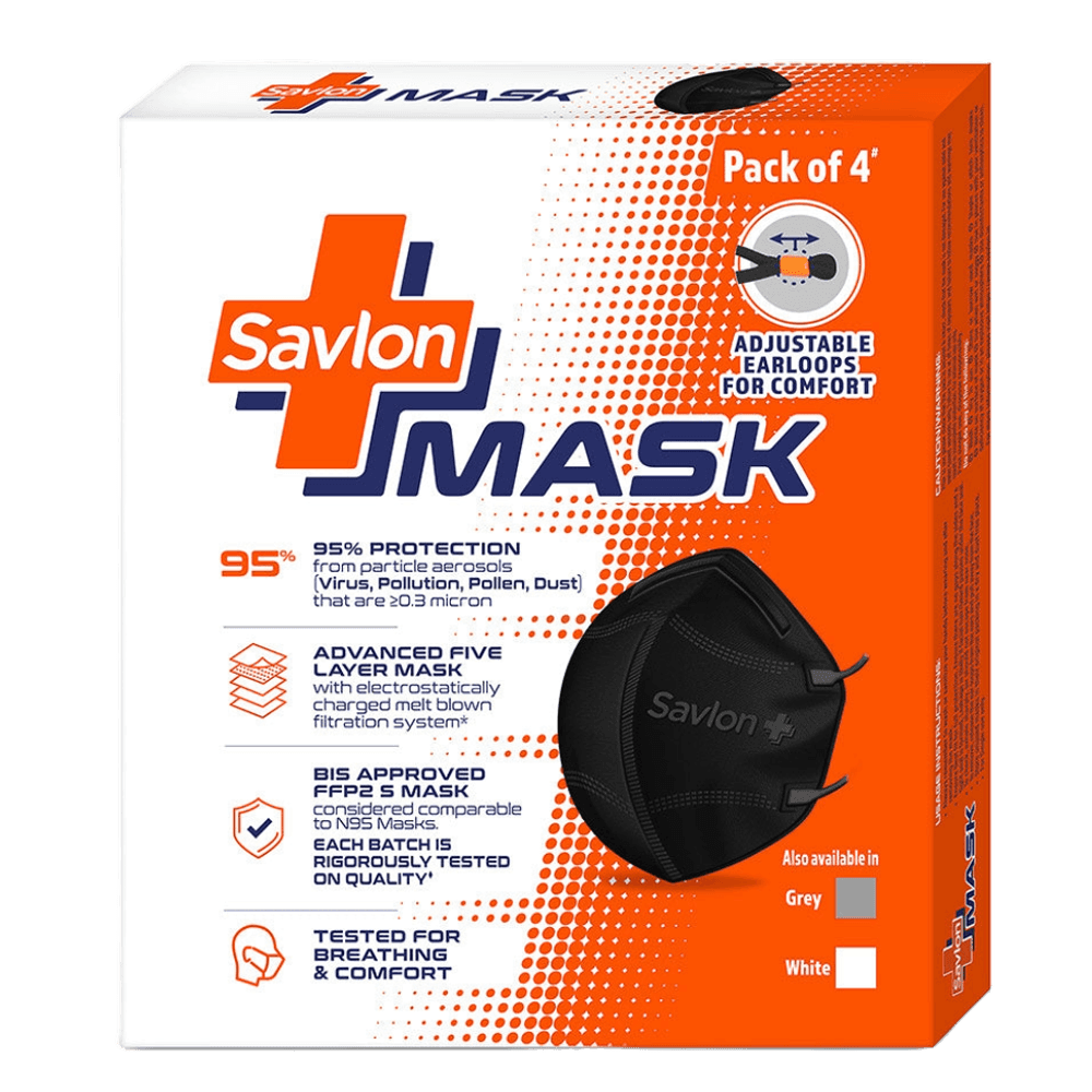 Savlon Mask - Pack of 4 Black, Adjustable Ear-loops & Nose Foam Pad, BIS Certified FFP2 S Mask (comparable to N95)